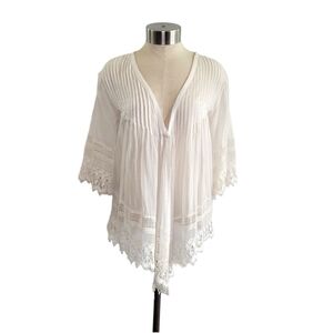 Millau Pintuck Pleated Semi-Sheer Lace Trim Boho Blouse Women's Size XS White